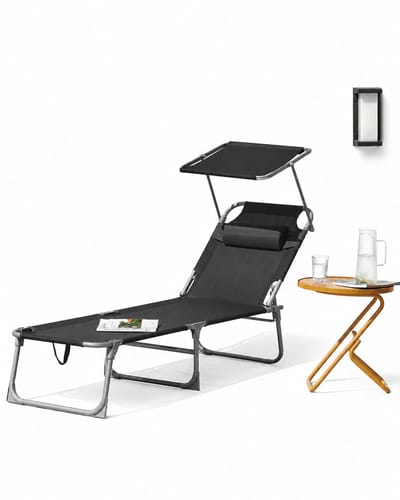 Seth Select Ligstoel met Zonnescherm – Verstelbare Tuinligstoel met Hoofdsteun – 193x53x29 cm – Tot 150 kg - Grijs
