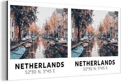 Wanddecoratie Metaal - Aluminium Schilderij Industrieel - Nederland - Grachten - Herfst - Amsterdam - 160x80 cm - Dibond - Foto op aluminium - Industriële muurdecoratie - Voor de woonkamer/slaapkamer