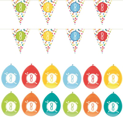 Haza - Verjaardag 8 jaar feestartikelen pakket vlaggetjes/ballonnen