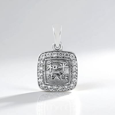 Cavill - Zilveren Hanger met 20 Cambodjaanse Zirkonen 0 639 ct - 925 Sterling Zilver Geplatineerd - Peace Symbool - Elegante 22x13 mm