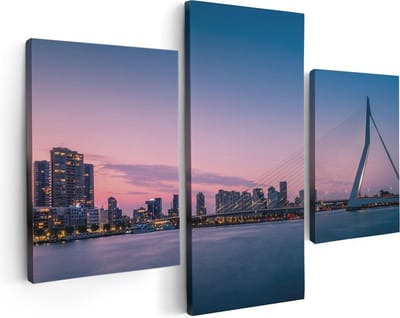 Artaza Canvas Schilderij Drieluik Erasmusbrug In Rotterdam Met Zonsondergang - 90x60 cm - Wanddecoratie Woonkamer - Schilderijen - Muurdecoratie