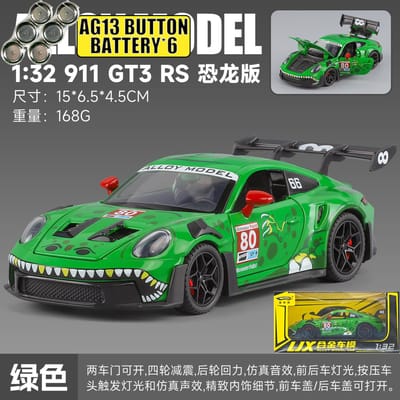 1:32 Metalen Diecast Modelauto Compatibel Met Porsche 911 Gt3 Rs 992 Dinosaurier Livery Editie Duitse Sportwagen Huiscadeau