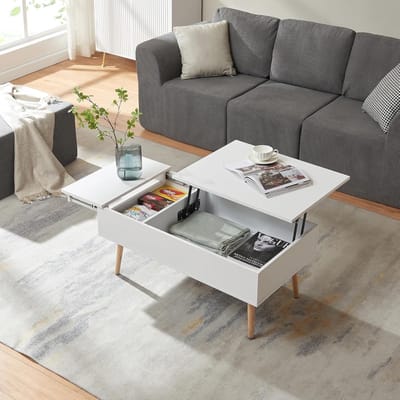 Salontafel met Opbergruimte - Eettafel Blad - Woonkamer Meubel - Uitschuifbaar Liftblad - 92x52x41 cm - Wit