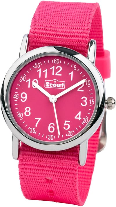 Scout Kinderuhr analog aus der Serie "Start up" mit pinkem Textilband und Quarzwerk, wasserdicht bis 5bar