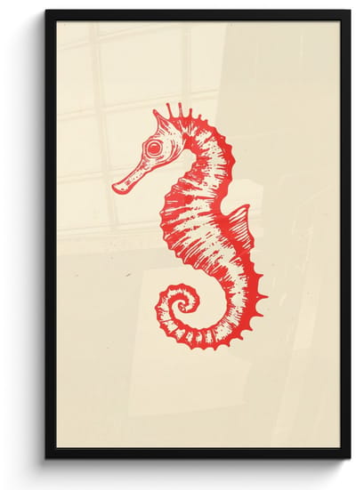 Poster in lijst - Fotolijst 60x90 cm - Posters - Zeepaardje - Rood - Fijne details - Posterlijst zwart - Decoratie - Wanddecoratie woonkamer - Muurdecoratie slaapkamer