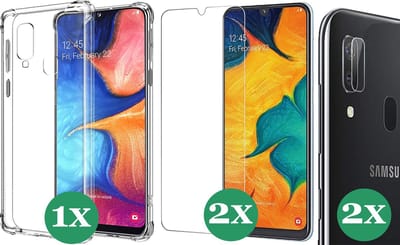 Hoesje geschikt voor Samsung Galaxy A30 - 2x Screenprotector Glas & 2x Camera Screen Protector - Transparant Shock Case