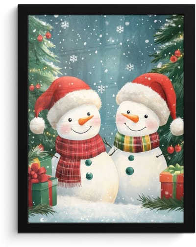 Poster in lijst - Fotolijst 30x40 cm - Posters - Sneeuwpop - Kerstsneeuw - Groen - Rood - Posterlijst zwart - Decoratie - Wanddecoratie woonkamer - Muurdecoratie slaapkamer - Kerstversiering - Kerstdecoratie voor binnen - Kerstmis