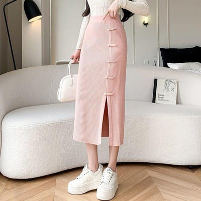 Jupe Midi Tricotée pour Femmes Hiver Taille Haute avec Boucle et Fente Jupe Mi-longue A-line XL rose