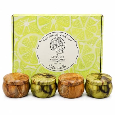Arosola® Citronella Kaarsen Set - 4 Stuks - 120g per Kaars - Tot 96 Branduren - Echte Citronella Olie - Buitenkaarsen voor Tuin, Balkon & Terras - Luxe Cadeauset