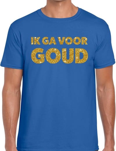 Feestkleding t-shirt - Ik ga voor Goud - gouden glitter letters - blauw - voor heren - Glitter and Glamour S