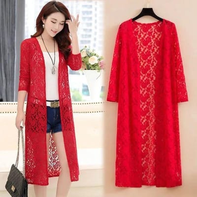 Zomer Dames Draag Kant Cardigan Zonnebrandcrème Lange mouwen Grote maat Medium lengte Dunne Jas XXXXXL rood