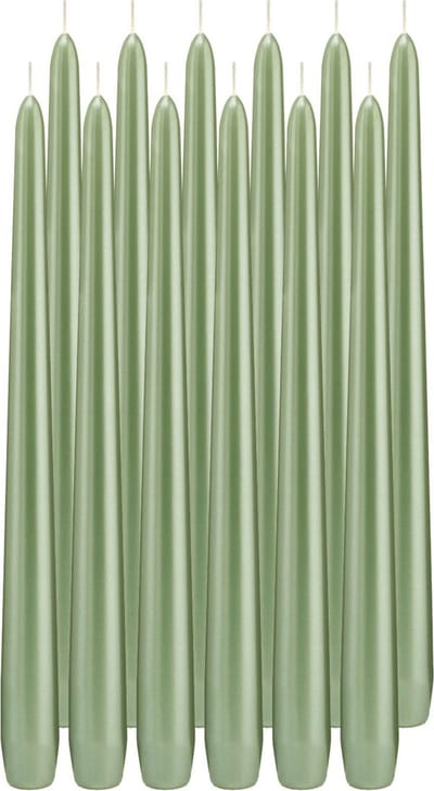 12x Pastelgroene parelmoer dinerkaarsen 30 cm 13 branduren - Geurloze kaarsen - Rechte tafelkaarsen/kandelaarkaarsen