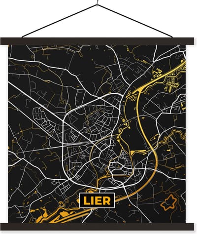 Posterhanger incl. Poster 60x60 cm - Schoolplaat - Plattegrond - Lier - Goud - Stadskaart - Kaart - Textielposter - Zwarte latten - Stadskaart