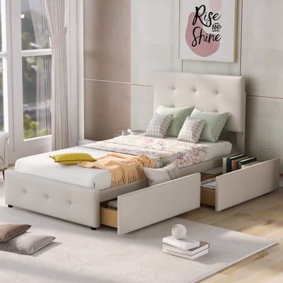 Kinderbed 90x200 cm – Crème Gestoffeerd Bed met Opberglade, Verstelbaar Hoofdbord en Stalen Frame