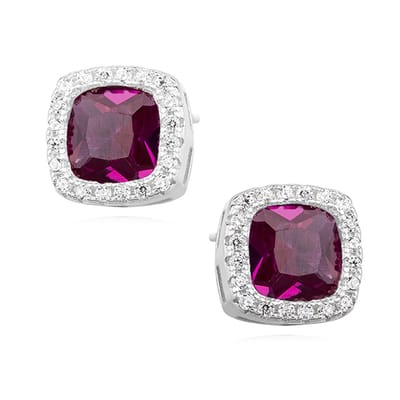 Joy|S - Zilveren klassieke vierkant oorbellen - zirkonia robijn roze - 9 mm - gehodineerd