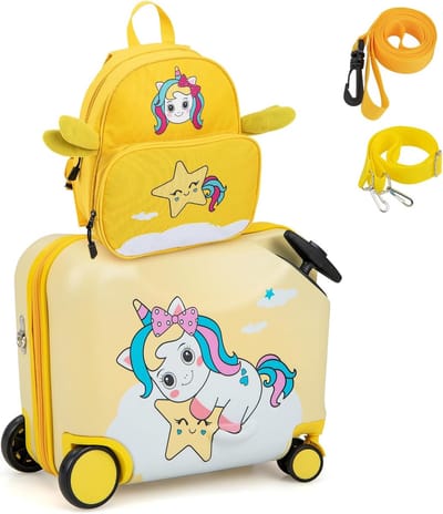 COSTWAY 2-delige kinderkoffer + rugzak, 30 cm + 45 cm, kindertrolley met wielen en waterdichte harde schaal, kinderbagage met draagriem, touw en voetsteunen, rolkoffer voor jongens en meisjes, Geel