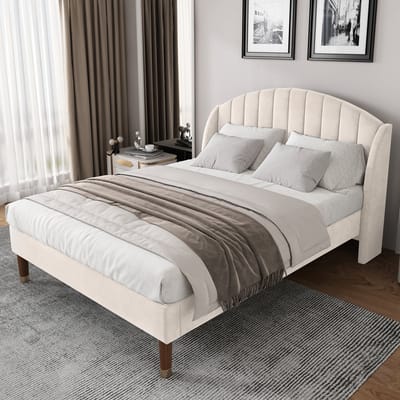 MEUNIQ gestoffeerd bed 140x200 cm met lattenbodem en hoog hoofdbord, tweepersoons bedframe van fluweel voor slaapkamer, beige