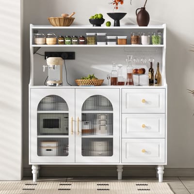Sweiko Dressoir - Barkast - Met stopcontacten - 3 lades - Glazenrek - Verstelbare planken - Wit