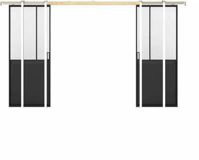 Vente-unique Dubbele schuifdeur in atelierstijl met klamplaagsysteem - Zwart MDF en gehard glas - 2 x H205 x L73 cm - ARTISTO II