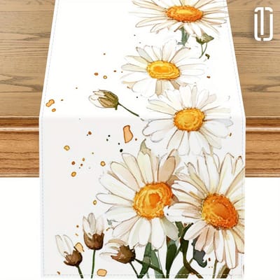 Chemin de table Marguerites Aquarelle, Nappe Imperméable en Polyester, Décor de Cuisine Salle à Manger Style Ferme Printanière pour Pâques Fête des Mères 33x230cm