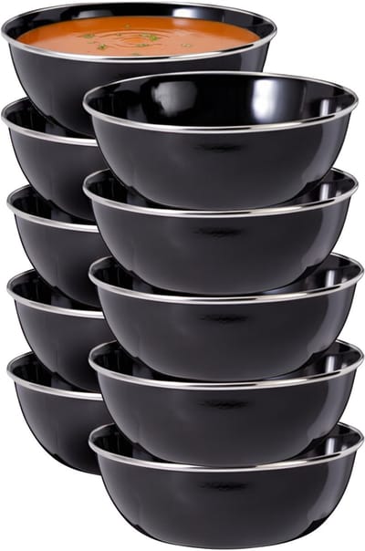 Redcliffs Kommenset - 10x stuks - zwart - 15 x 5 cm - emaille - kamperen/outdoor - schaaltjes