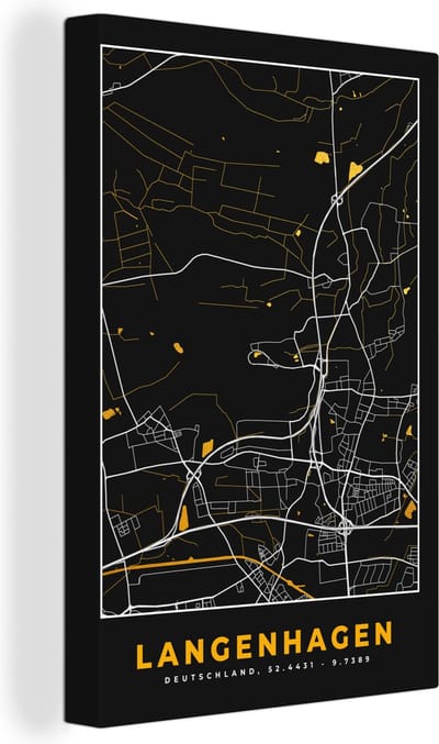 Canvas Schilderij Black and Gold – Stadskaart – Langenhagen – Duitsland – Plattegrond – Kaart - 20x30 cm - Wanddecoratie
