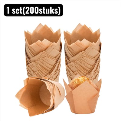 1 set（200stuks） - Bakvormen - Vlammende Tulpen Cakevormpjes - Voedselveilig Bakpapier Muffin Cups， Hittebestendig en Vetwerend voor Cupcakes en Gebak - Bruin