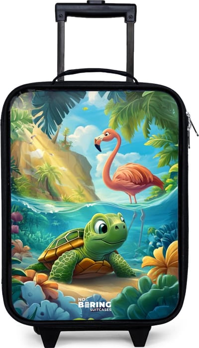 NoBoringSuitcases.com® - Kinderkoffer jongen - Kindertrolley meisje - Schildpad in tropisch water met flamingo - Koffer kind lichtgewicht - Reiskoffer trolley voor kinderen - Koffertje met lichtgevende wieltjes - Rolkoffer zwart