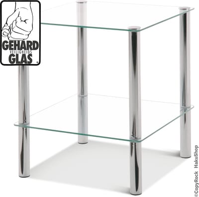 Bijzettafel – Gehard veiligheidsglas en verchroomd staal – 39 cm breed, 39 cm diep, 47 cm hoog