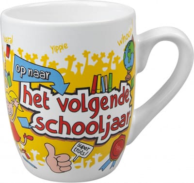 Geslaagd - Mok - Snoep - Op naar het volgende schooljaar - Super - Cartoon - In cadeauverpakking met gekleurd lint