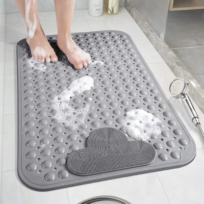 Antislip Douchemat 70 x 40 cm - Comfortabele Massage Badmat met Zuignappen - Machinewasbare Grijze Douchemat