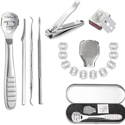 Dailygoods- Eeltscheerset Professionele Voetschraper - Eeltschaaf - Voetvijl - Eeltverwijderaar - Roestvrijstalen Voetrasp - 10 Reservemesjes