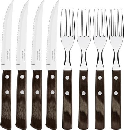 Steakbestek Pizzabestek, 8-delige set, voor 4 personen, steakbestekset, roestvrij staal, FSC-gecertificeerd echt houten handvat, vaatwasmachinebestendig