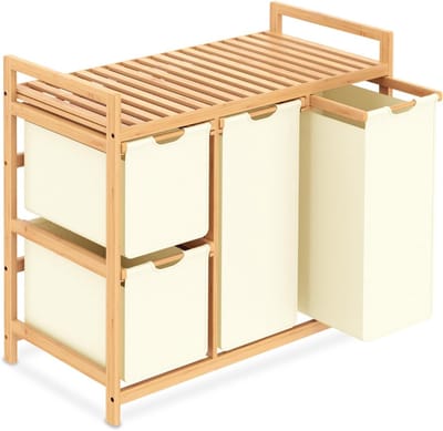 REN® Wasmand 3 Vakken - Wasmand - Wassorteerder - Wasmand Met Deksel - Beige - 42cm x 81cm x 77cm