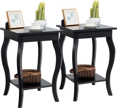 COSTWAY Nachtkastje met plank, 2 niveaus, bijzettafel van hout met gebogen poten, nachtkastje, laptoptafel, banktafel, industrieel voor woonkamer, slaapkamer, 40 x 40 x 60 cm (2, zwart)