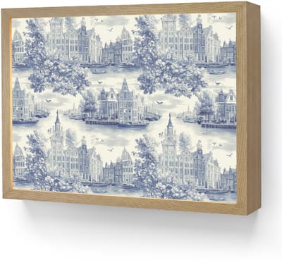 Wandlamp 40x30 cm - Oplaadbaar - Huizen - Bomen - Water - Vogels - Blauw - Wandlampen binnen woonkamer - Slaapkamer lamp - Decoratieve nachtlamp - Vloerlamp draadloos