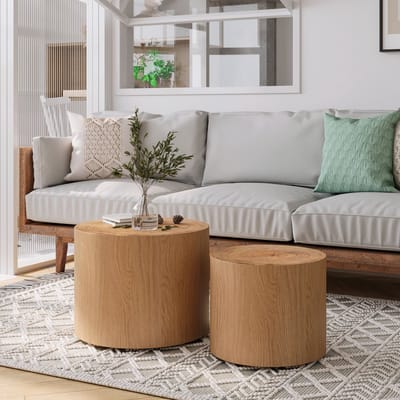 OKWISH Salontafel Set Van 2 - Rond Nestbaar Ontwerp - Voor Woonkamer En Balkon - Massief Hout En MDF - Naturel
