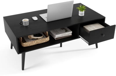 COSTWAY Salontafel met lade, opbergruimte, open vak, woonkamertafel, houten banktafel, salontafel, 109 x 55 x 39,5 cm, zwart
