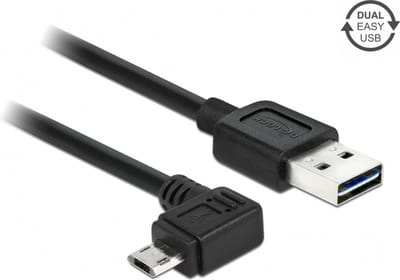 Easy-Micro USB haaks (links/rechts) naar Easy-USB-A kabel - USB2.0 - tot 2A / zwart - 1 meter