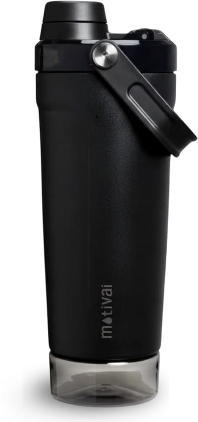 Motivai Prime Shakebeker - RVS - 590ml - Shaker met Poedercompartiment - Dubbelwandige Thermo Shakebeker - Met Shakebal - Zwart