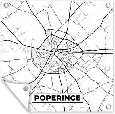 Tuin poster België – Poperinge – Stadskaart – Kaart – Zwart Wit – Plattegrond - 200x200 cm - Tuindoek