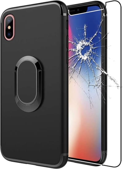 ebestStar - Hoes geschikt voor iPhone X, iPhone XS Apple, Silicone Ringhouder Cover Case, 360 Graden Draaibaar Hoesje, Zwart + Gehard Glas