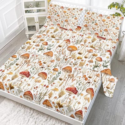 4-delige beddengoedset met wit stippenpatroon en rode paddenstoelen, inclusief 1 hoeslaken, 1 extra groot hoeslaken, 2 kussenslopen 99cmx199cm beige
