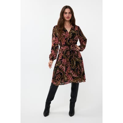 EsQualo Dress Elastic Waist Global Flower Print Maat: 36 | Midi Jurken Outlet | Dames | Zwart