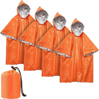 Nood poncho，4 stuks noodregenponcho, reddingsdeken, bivakzak, noodslaapzak, EHBO-warmtedeken, isolerend en waterdicht, geschikt voor kamperen, wandelen en noodsituaties