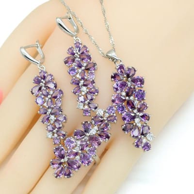 Nieuwe Kleur Bruids Sieraden Sets Voor Vrouwen Witte Paarse Stenen Ketting Hanger Armbanden Oorbellen Ringen Cadeaudoos MULTI&8