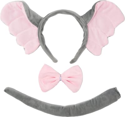 KIMU® Olifant Haarband Oren, Strik & Staart Diadeem Set - Grijs Roze Zacht Olifantenpak Dierenpak Oortjes Pak - Strikje Staartje Kinderfeestje Festival