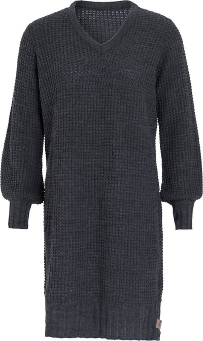 Knit Factory Robin Dames Jurk - Gebreide Trui Jurk - Wollen jurk - Herfst- & winterjurk - Wijde jurk - V-hals - Antraciet - 36/38 - Knielengte