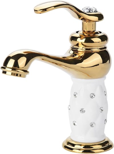 Elegante gouden mengkraan van massief messing voor wastafel met ornamenten, geschikt voor koud en warm water