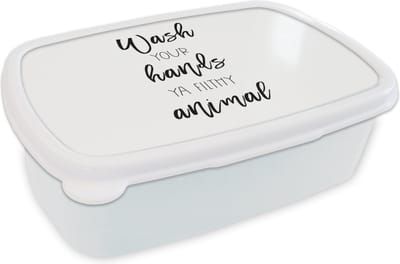 Broodtrommel Wit - Lunchbox - Brooddoos - Spreuken - Quotes - Wash your hands ya filthy animal - Wassen - Handen - 18x12x6 cm - Volwassenen